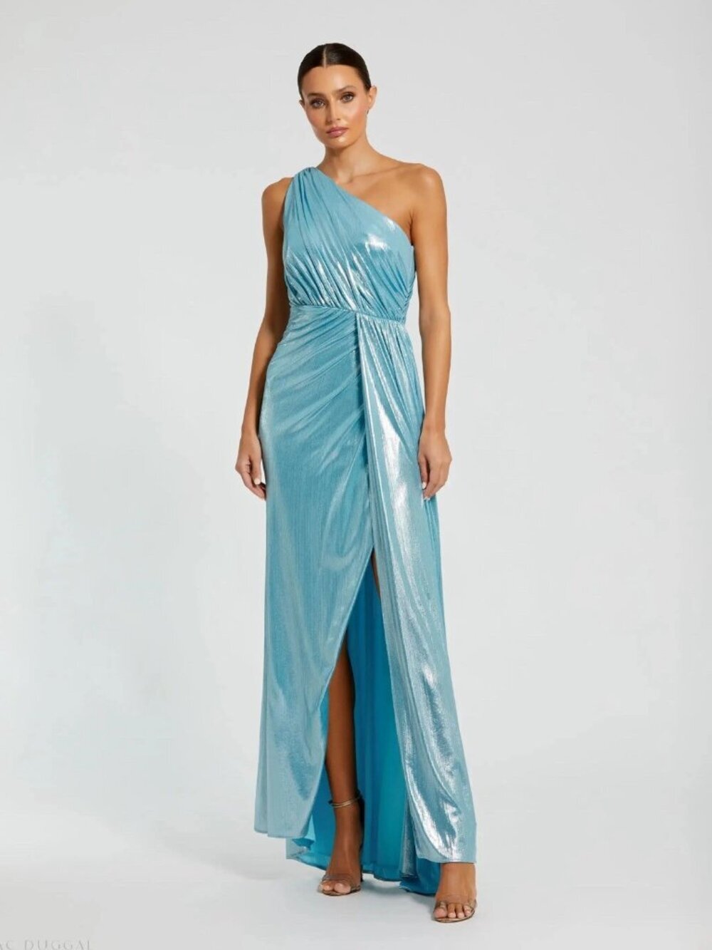 Mac Duggal Metallic Aqua One-Shoulder Maxi Dress- NWT